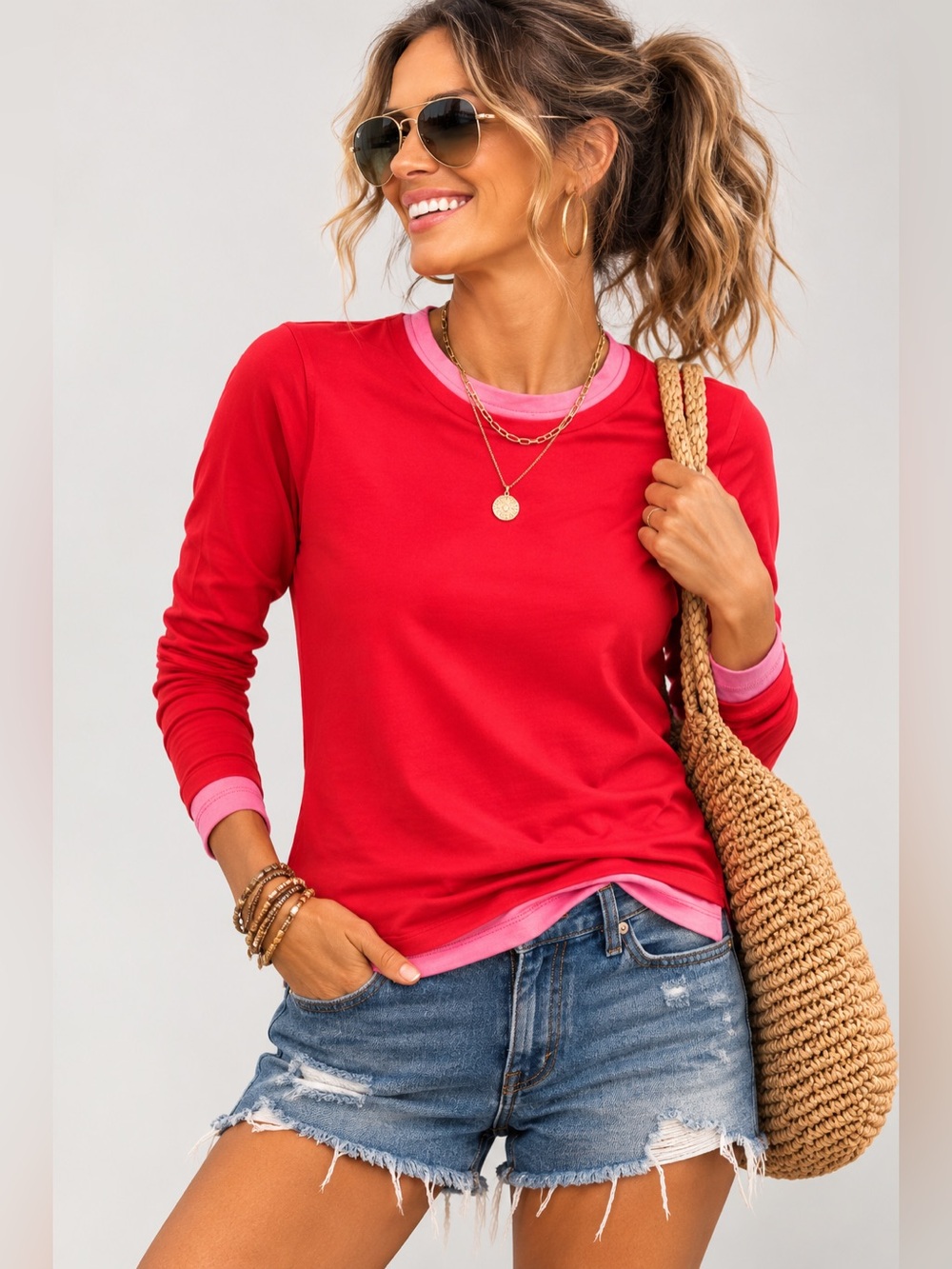 J.Crew Feather Jersey Women's Red Layered Look Long Sleeve Top Tee t shirt